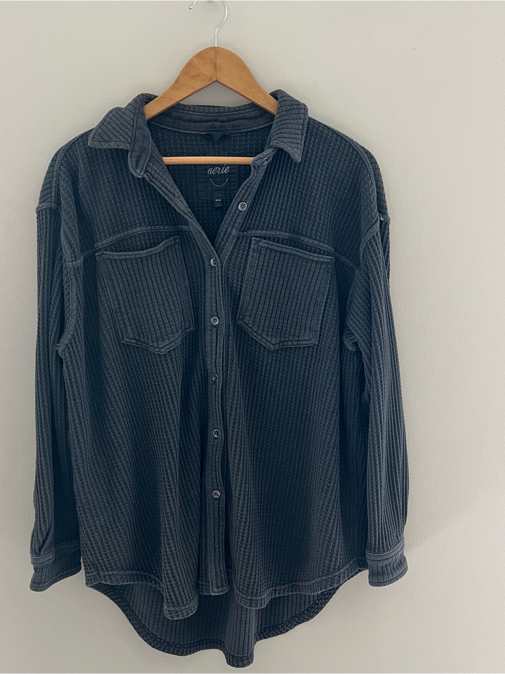 Aerie Gray Lumberjane Waffle Knit Button Down Shacket Shirt Med Oversized Baggy